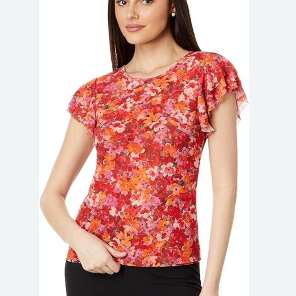 Vince Camuto Floral Red Top blouse orange Round Neck with Ruffled Sleeves
